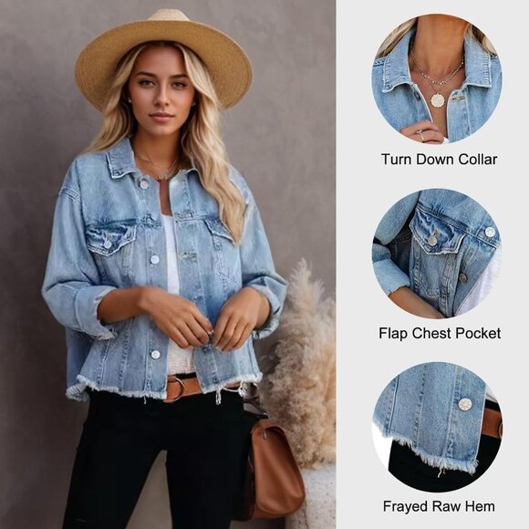 Brand New Women's Light Blue Cotton LONGBIDA Frayed Washed Button Up Cropped - Picture 4 of 6